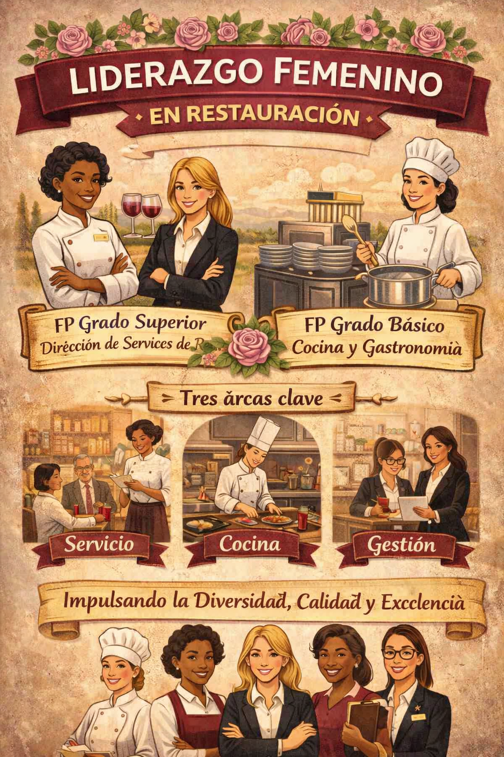 Cartel anuncio del curso de liderazgo en restauración, enfocado a romper el techo de cristal de sesgo femenino. Hay varias escenas de mujeres líderes en difentes ámbitos de nuestro sector.